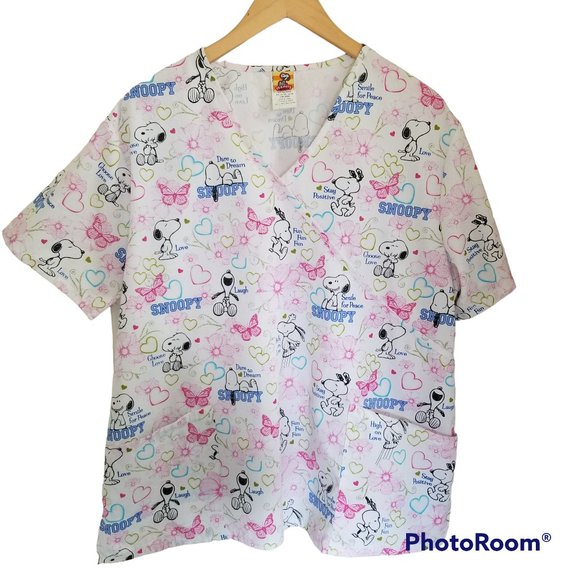 Peanuts Tops - Peanuts Snoopy Medical Nursing Scrub Top Womens XL Hearts Butterflies Flowers